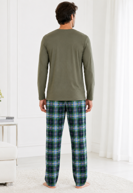 Pijama barbati Serena cu maneca lunga si pantalon lung-Kaki ,Engros